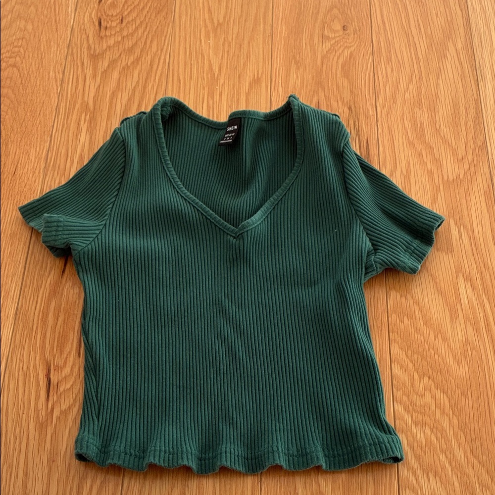 Forest Green Ribbed V-Neck Tee